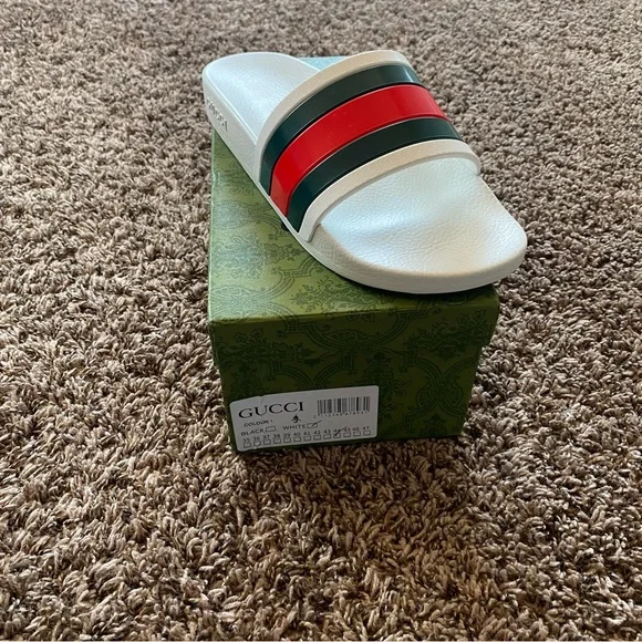 Gucci | Shoes | Gucci White Red And Green Slide Sandals  display picture 1